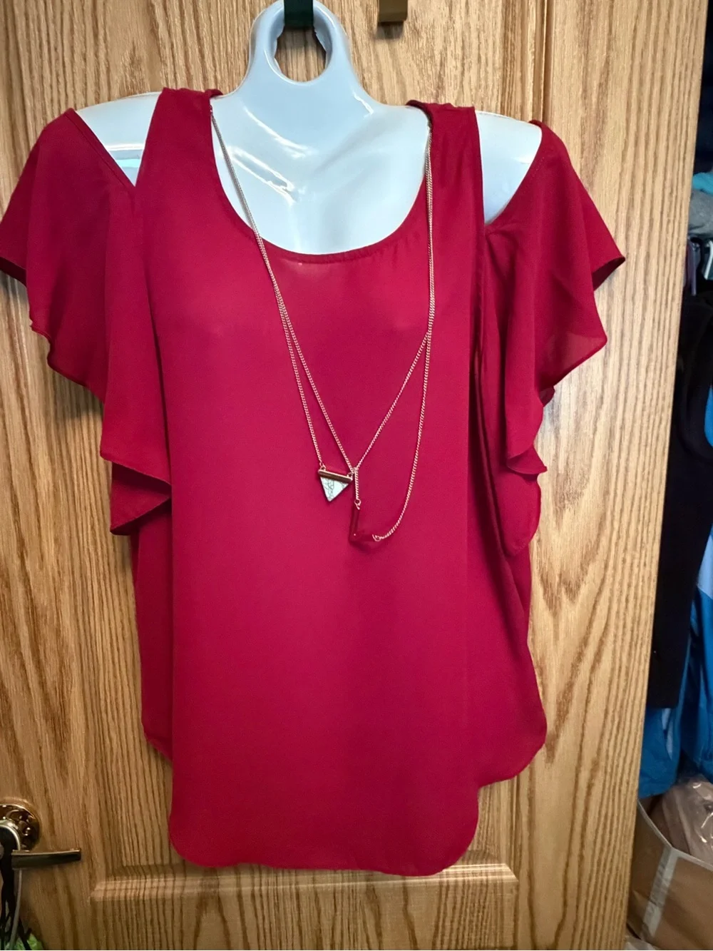 BCX Red Cold-Shoulder Ruffle Blouse - Picture 3 of 6